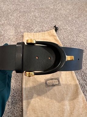 Gucci Black Wide Leather Belt with Gold Horsebit Buckle